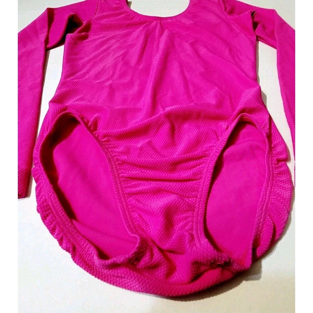 GK Elite VTG 90s AS Bright Pink Waffle Leotard Stretch Long Sleeve NWT Adult S